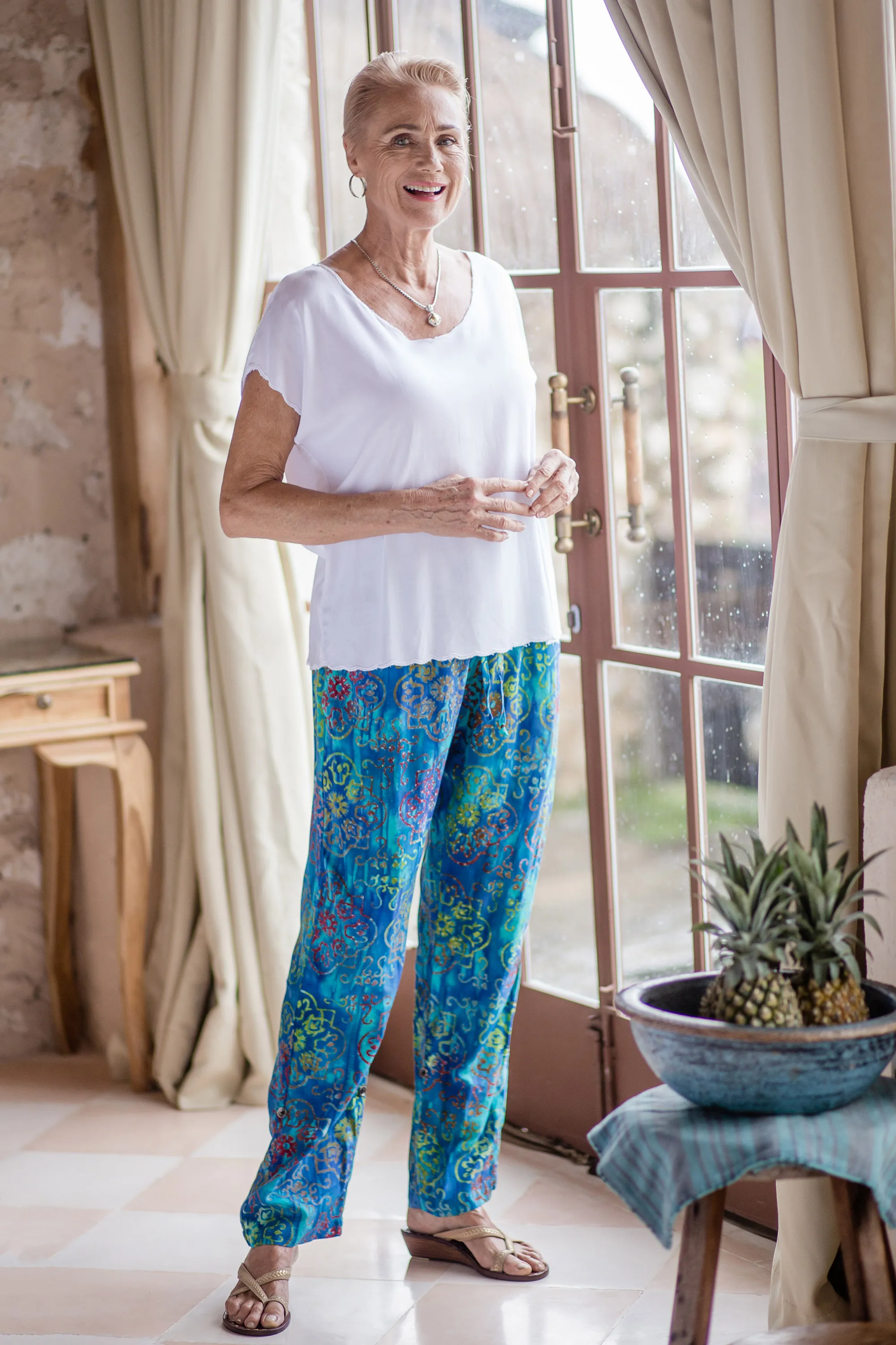 Teal Hand-Stamped and Hand-Dyed Batik Rayon Pants from Bali, 