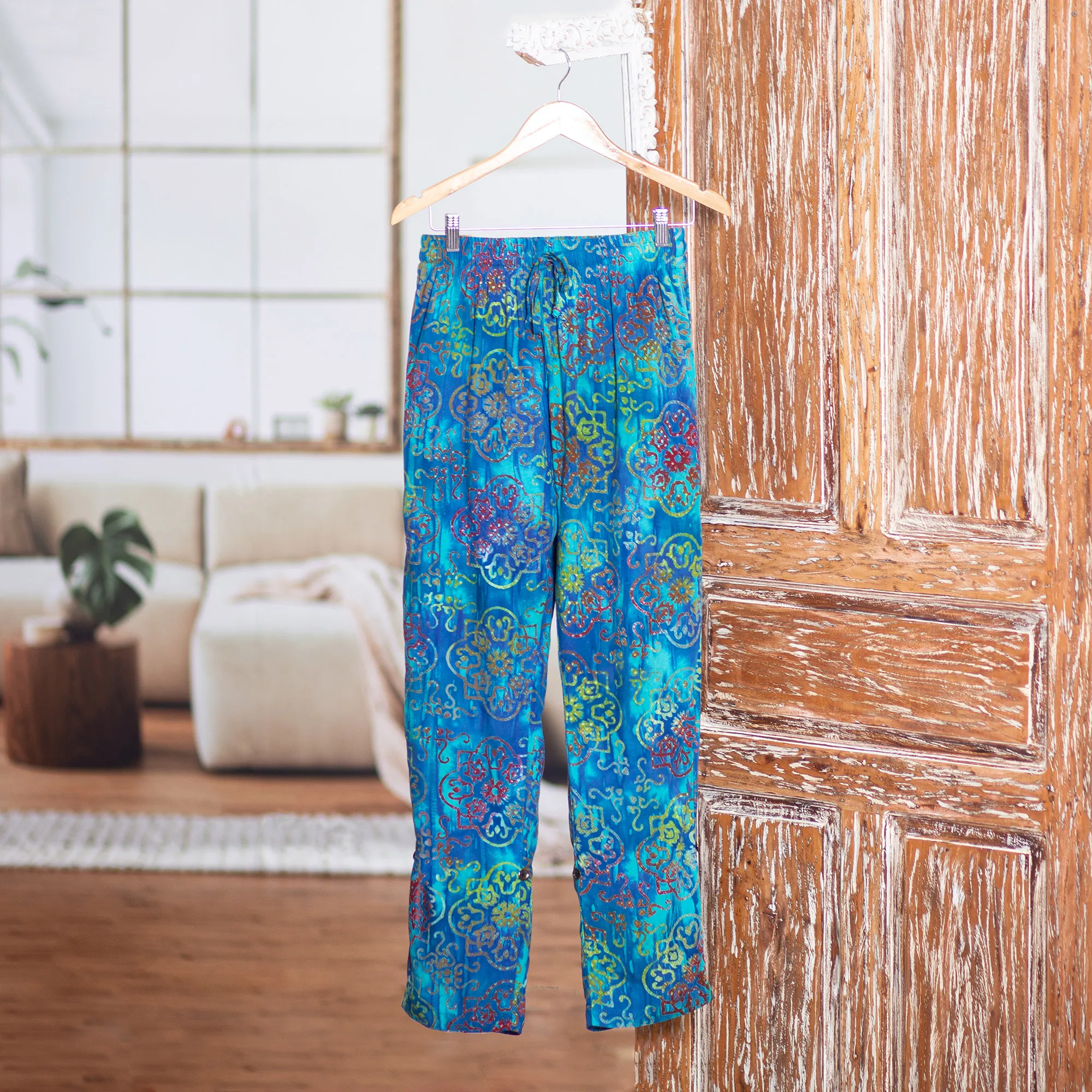 Teal Hand-Stamped and Hand-Dyed Batik Rayon Pants from Bali, 