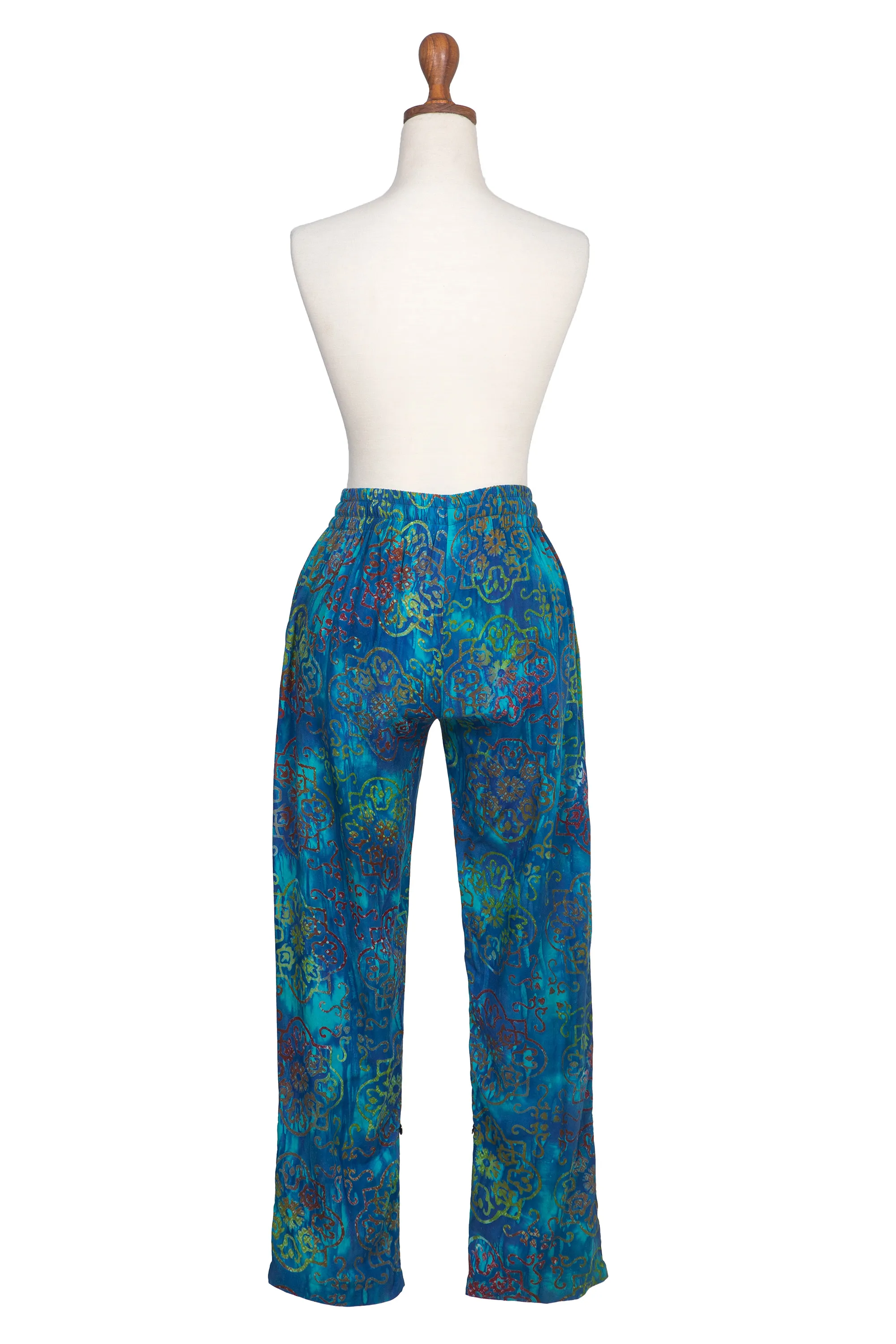 Teal Hand-Stamped and Hand-Dyed Batik Rayon Pants from Bali, 