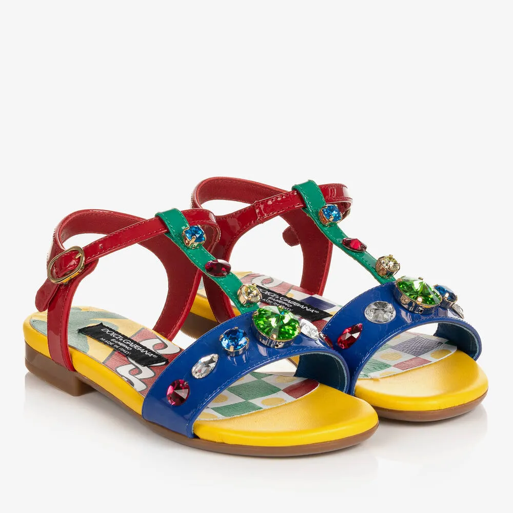 Teen Girls Red & Yellow Jewelled Leather Sandals