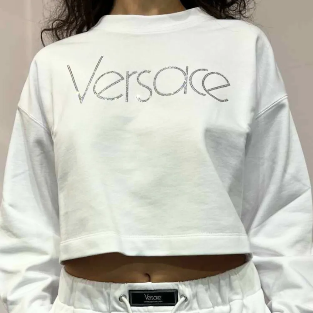 VERSACE  |Long Sleeves Plain Cotton Logo Cropped Tops