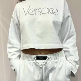 VERSACE  |Long Sleeves Plain Cotton Logo Cropped Tops