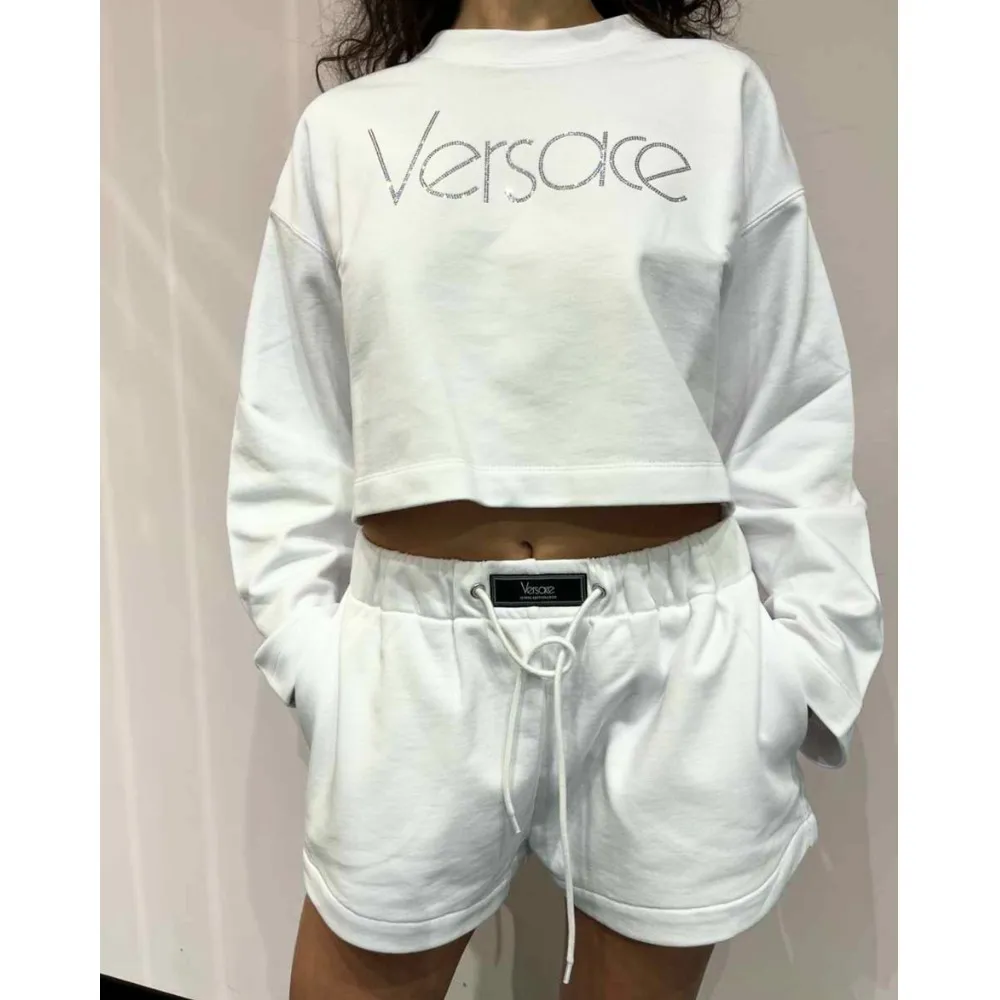 VERSACE  |Long Sleeves Plain Cotton Logo Cropped Tops