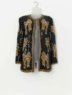 Vintage black sequin jacket with gold bows – Medium