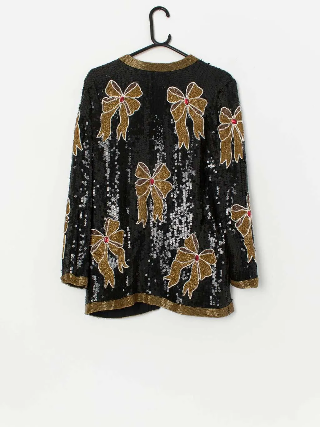 Vintage black sequin jacket with gold bows – Medium