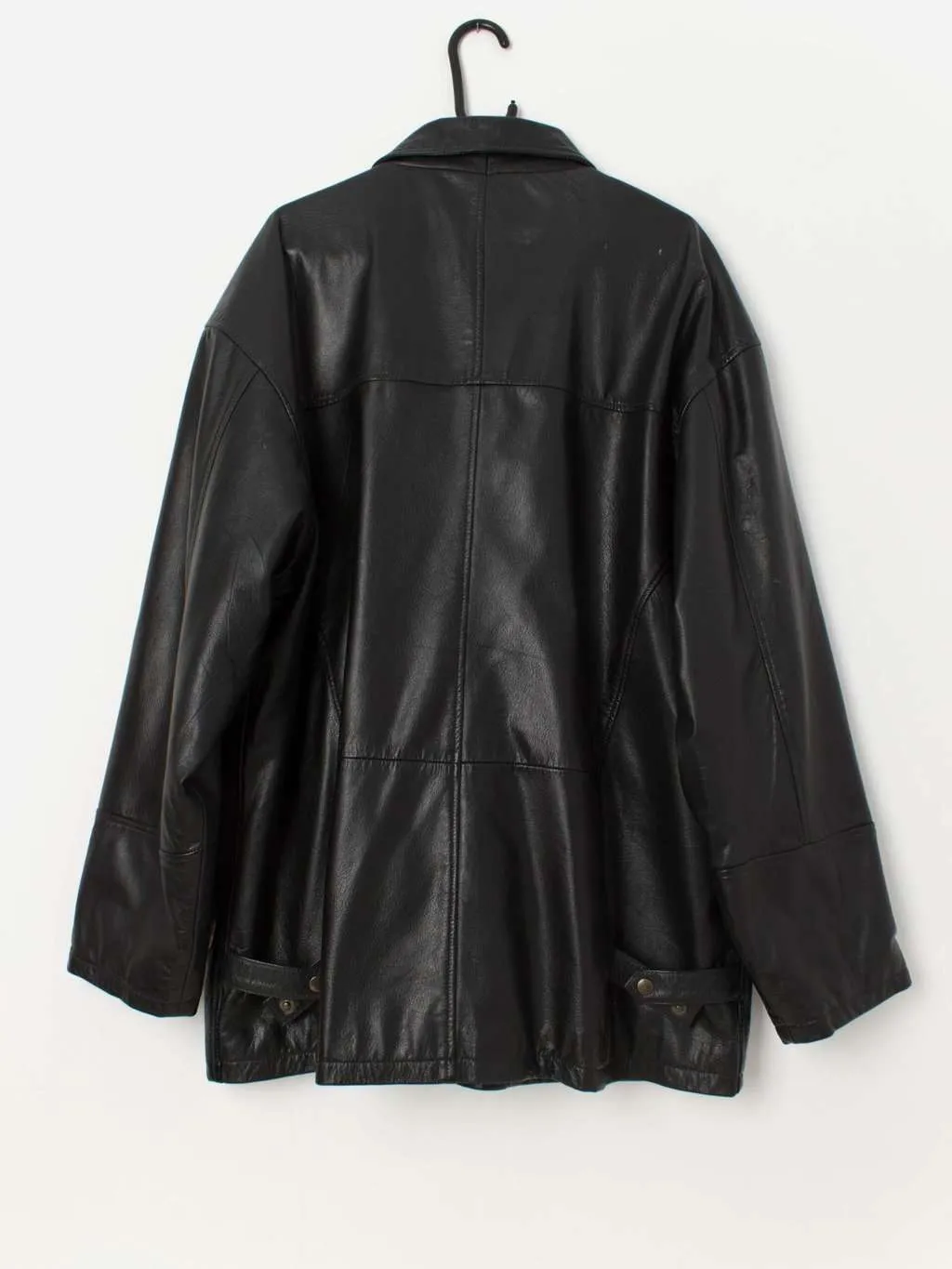 Vintage men’s black long leather jacket with pockets – XL