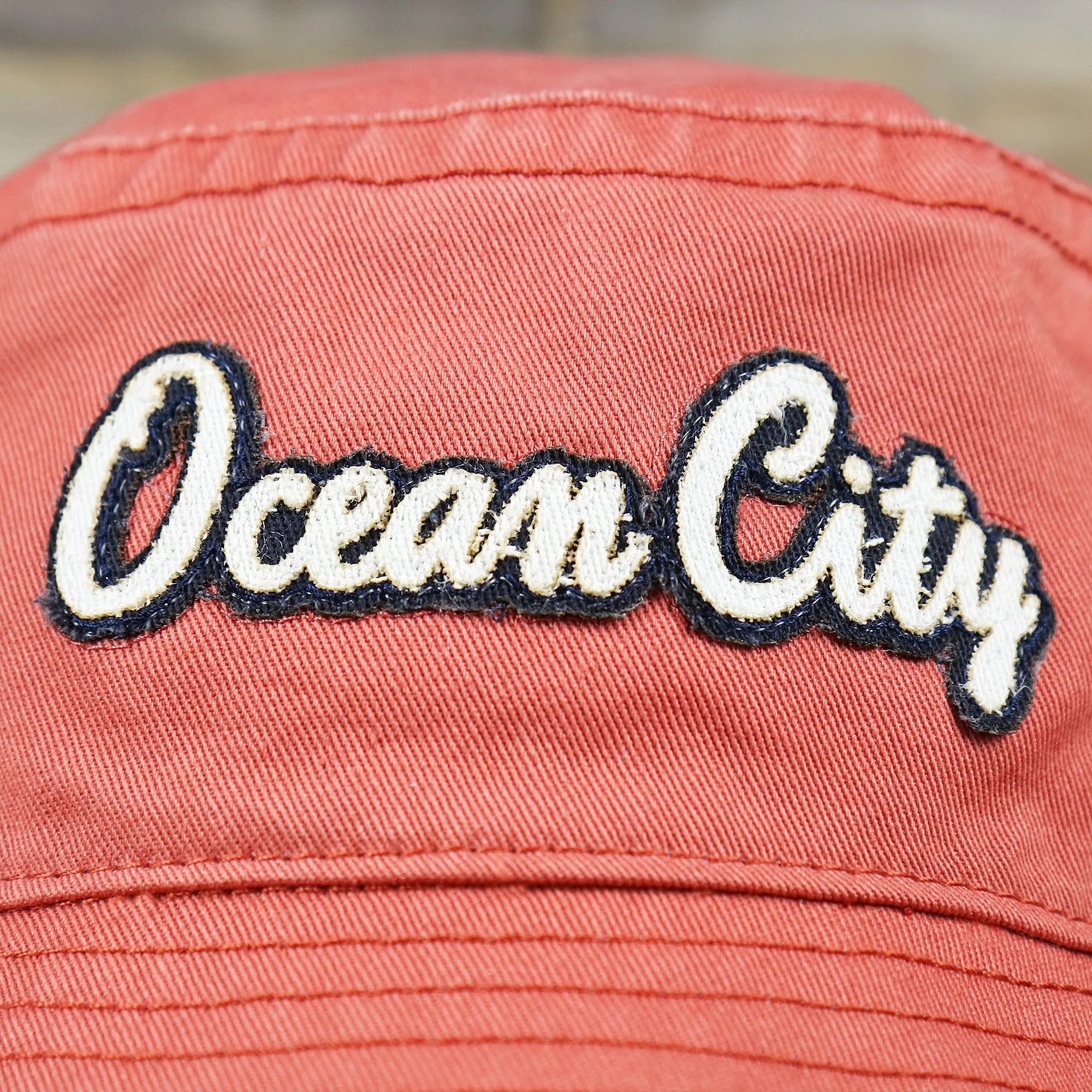 White OCNJ Double Wordmark Navy Blue Outline Bucket Hat | Nantucket Red Bucket Hat