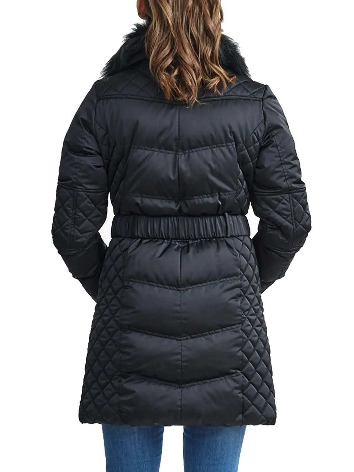 Womens Quilted Coat with Faux Fur Collar, Black, UK Sizes 8 to 16