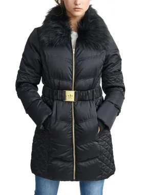 Womens Quilted Coat with Faux Fur Collar, Black, UK Sizes 8 to 16